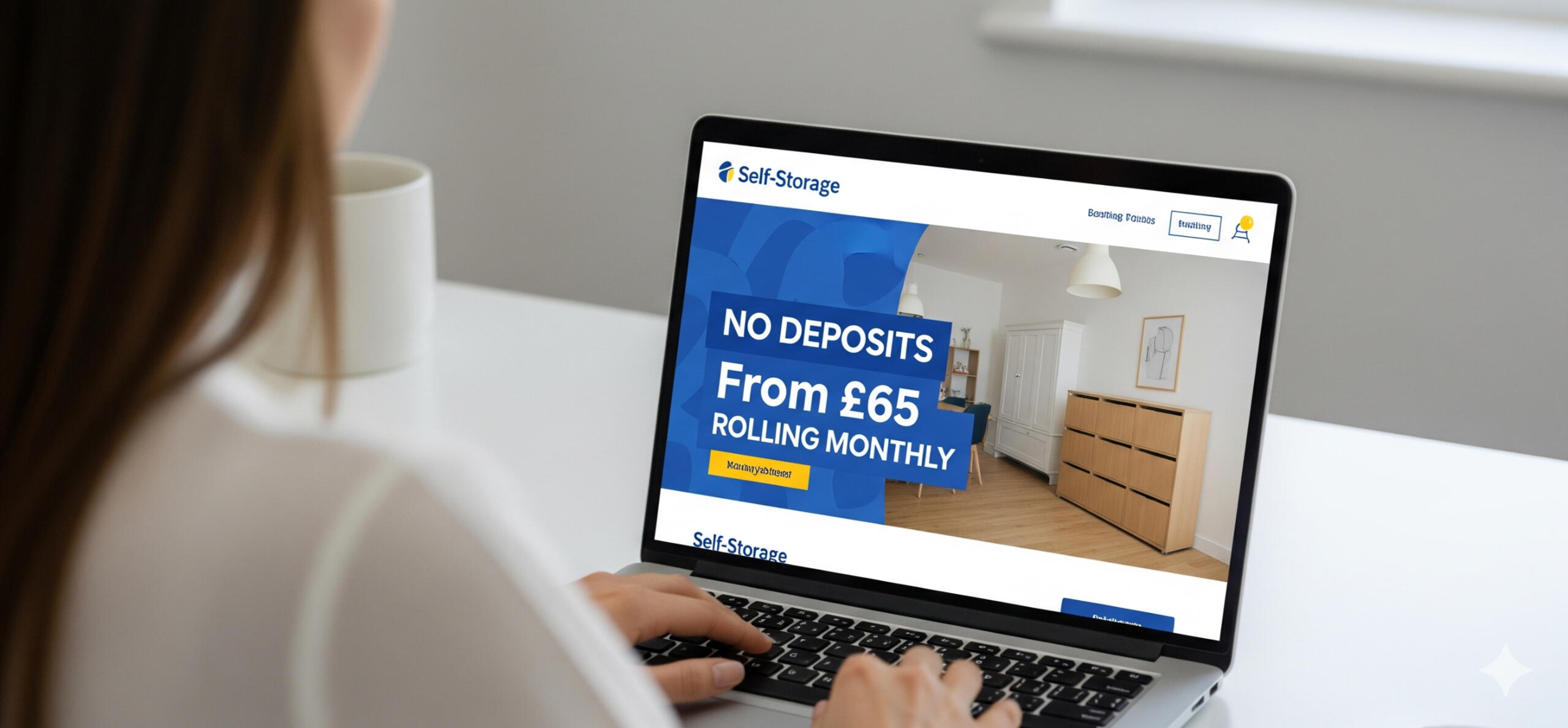 Woman booking a Boxxs self storage unit online Woman using a laptop to book a Boxxs self storage unit online, showing how simple and convenient digital booking is for Bo’ness customers